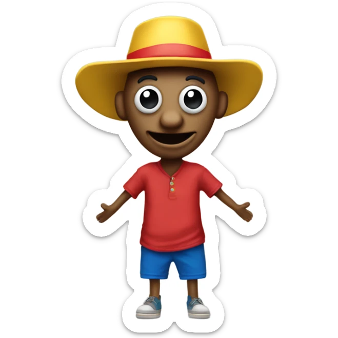 A wooden puppet with a long nose, wearing a red shirt, blue shorts, and a yellow hat, with a cheerful expression. sticker
