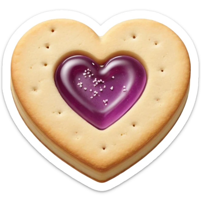 Realistic shortbread cookie in the shape of a heart with mauve jelly middle filling and sprinkled powder sugar on top. sticker