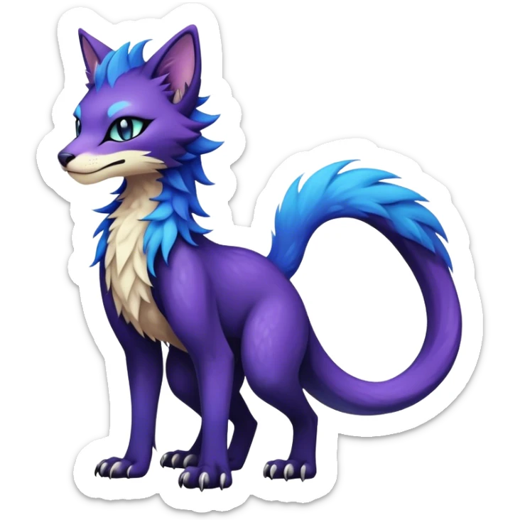 Kawaii dark black and blue and purple edgy fantasy ethereal feline-vernid-sergal-fursona animal creature with a tufted tail full body sticker
