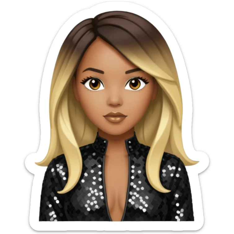 LeToya Luckett with long dark brown hair blonde hair, black sequin outfit sticker