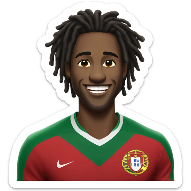  Young black man- very short black dread locks-  no facial hair laughing Portugal jersey lean crazy smile  sticker