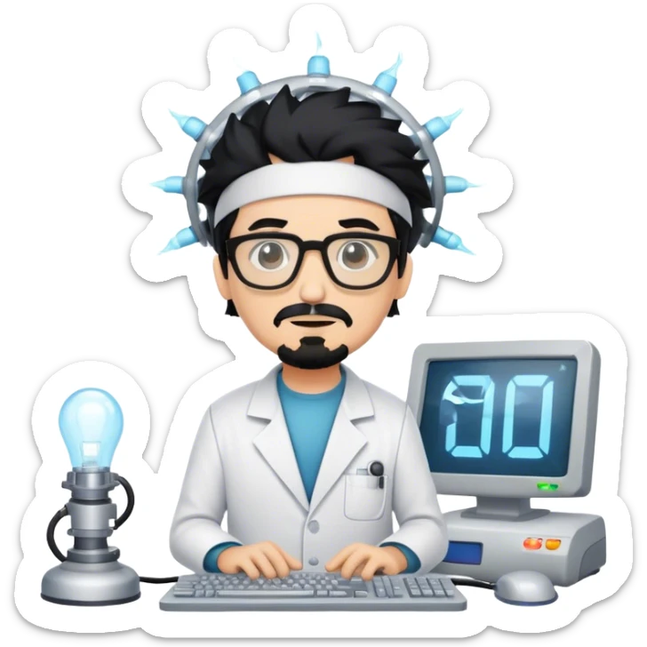 Mad scientist with black hair and goatee and glasses named Omni with headgear on and a computer sticker