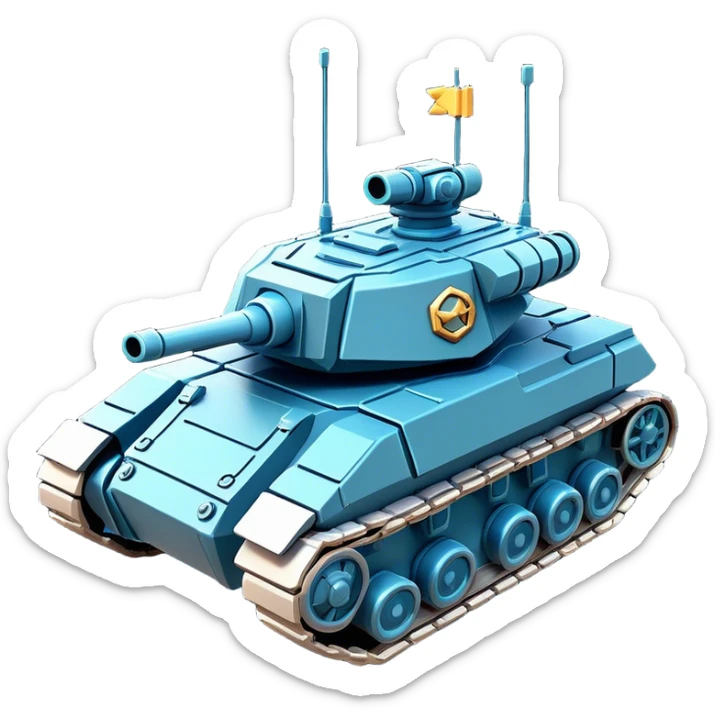 Clash of Clans aesthetic: Cinematic Playful Space Tank Emoji, rendered in a 3D vector-style similar to standard emojis with minimal shading and bold, simplified shapes. A robust, isometric armored vehicle with sleek futuristic plating and energy cannons, softly glowing with a high-tech cosmic combat charm. Simplified yet unmistakably iconic, highly detailed and consistent, glowing with a soft radiant shine and high gloss. Stylized with a touch of intergalactic warfare and a soft glowing outline, capturing the essence of a futuristic battle machine with a friendly, playful spirit! sticker