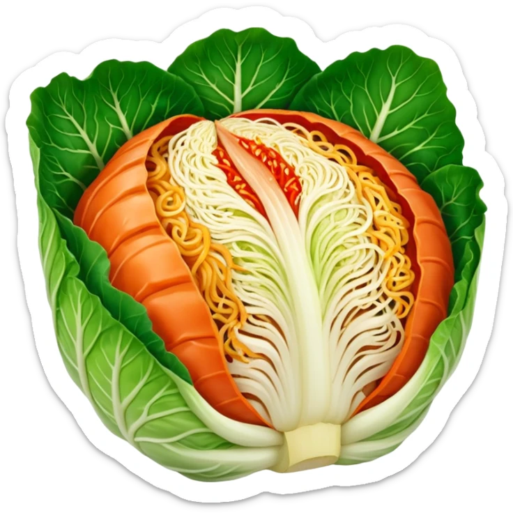 cross-section of napa cabbage, every part covered in kimchi red seasoning, no green, no face sticker