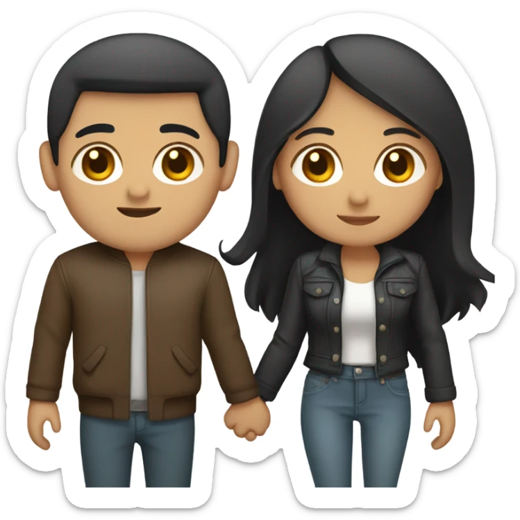 a couple holding hands. the guy has black middle part hair and is Persian and Filipino mix, wearing a jacket. the girl has brown medium length hair white and asian mix, wearing a crop top. sticker