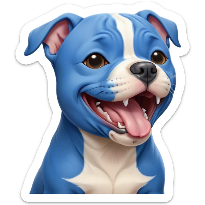 Cinematic Cute Yawning Blue Staffordshire Bull Terrier Portrait Emoji, Head tilted slightly with a dramatic, wide-open yawn, showcasing a smooth blue Fur with a refined texture, floppy ears slightly drooping, round dark eyes barely open in drowsy contentment, Simplified yet irresistibly adorable features, highly detailed, glowing with a soft, cozy glow, high shine, relaxed yet expressive, stylized with a touch of whimsy, bright and endearing, soft glowing outline, capturing the essence of a sleepy yet affectionate guardian, so drowsy it feels like it could stretch right out of the screen and curl up for a nap! sticker