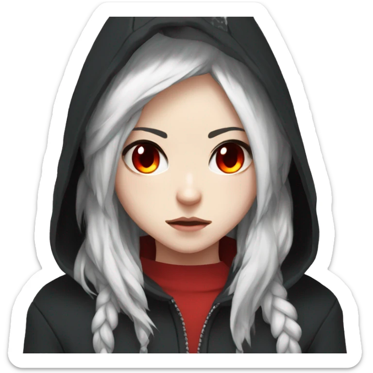 angry white-haired gamer girl with red eyes in a black hoodie, anime style sticker