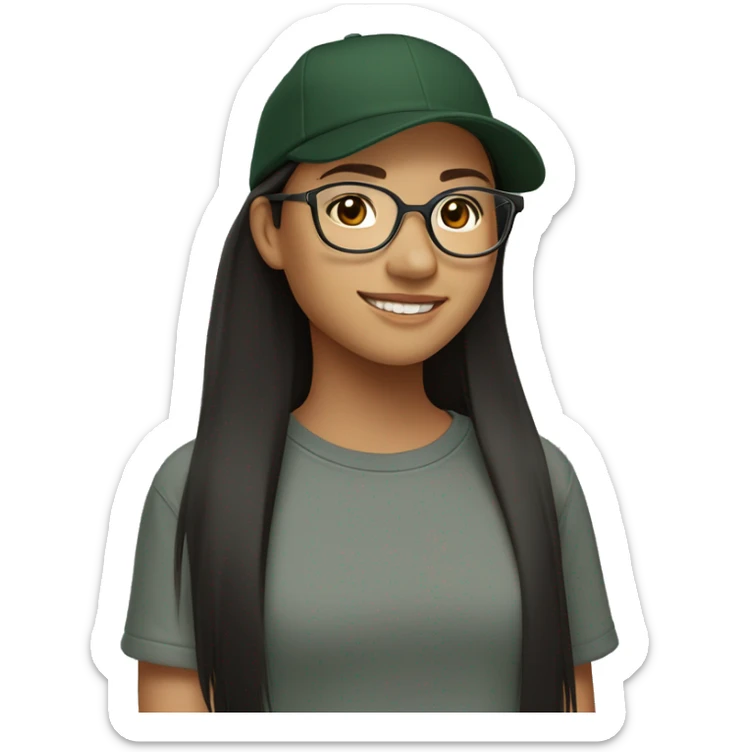 Look from side, asian girl, light skin, smiling with teeth, black eyes, spotted frame glasses, long brown straight hair with highlighted strands, black T-shirt, dark green cap. sticker