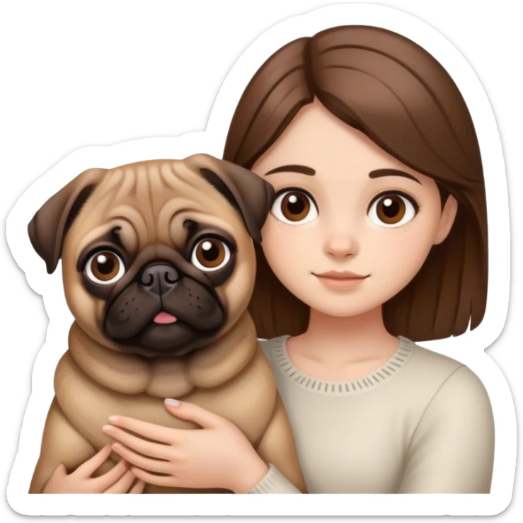 Young Girl with brown hair and brown eyes and brown pug sticker