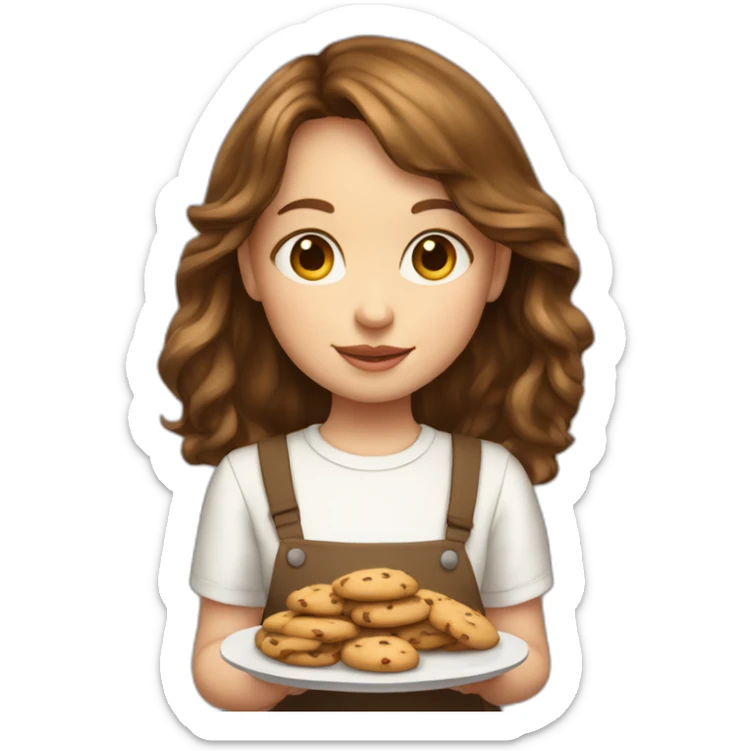 Young girl with brown hair and curtain bangs holding a plate of cookies white shirt sticker