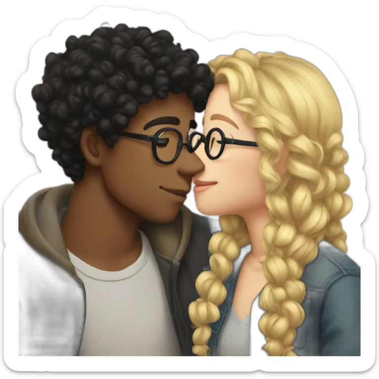 Boy curly blonde hair glasses kissing girl black hair sticker