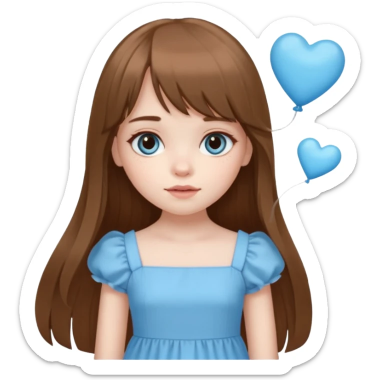 A pale girl with very long brown hair with bangs and a layer longer than that, wearing a cute sky blue dress and cute doll makeup.  sticker