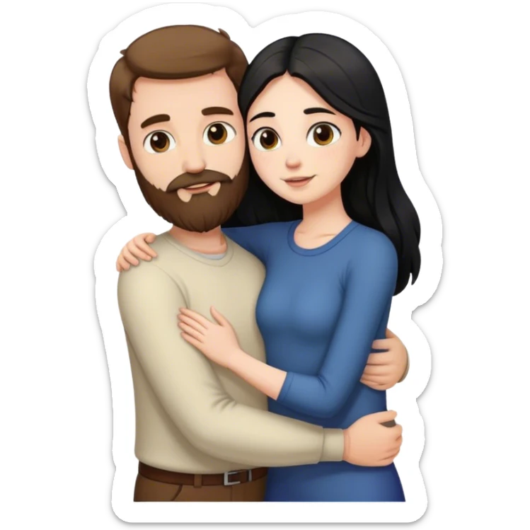 Tall white man with brown hair and beard hugging an short pale woman with long black hair, standing sticker