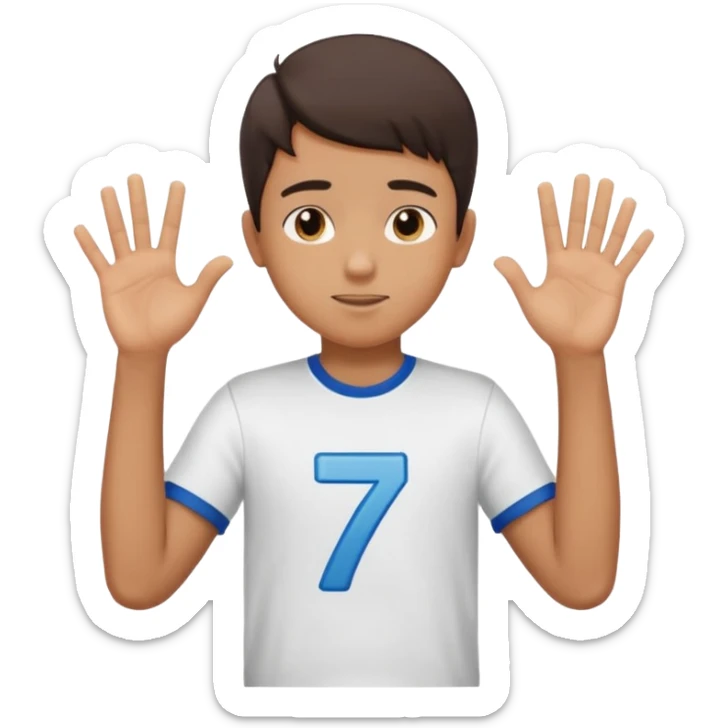 Boy doing 67 with hands in the air up to his chest and he is holding 6 in one hand and seven in the other sticker