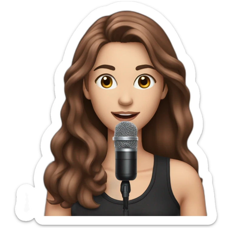 Caucasian woman with long brown hair and pink highlights, with a microphone singing, wearing a black t-shirt sticker