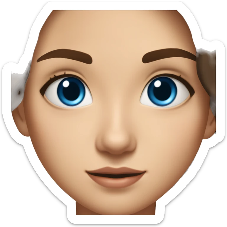 19 year old girl with dark brown auburn hair and slightly bushy eyebrows with blue eyes, short eyelashes and gold earrings wearing a top that says “milana” on sticker