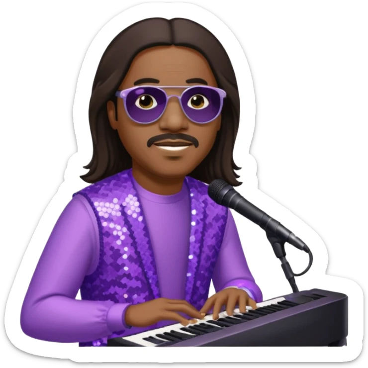Stevie Wonder with long dark brown hair, lilac sequin outfit  sticker