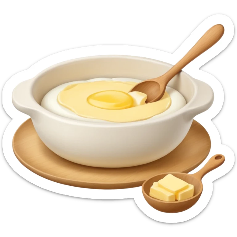 a dozen eggs, a ceramic mixing bowl with a wooden spoon and a plate of butter sticker