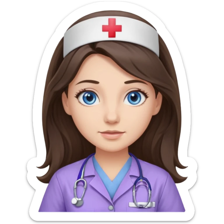 pretty brunette nurse with long hair and blue eyes in lilac scrubs sticker