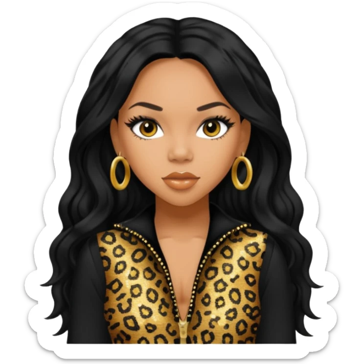 Kiely Williams from 3lw/Cheetah Girls with long jet black hair, black sequin outfit sticker