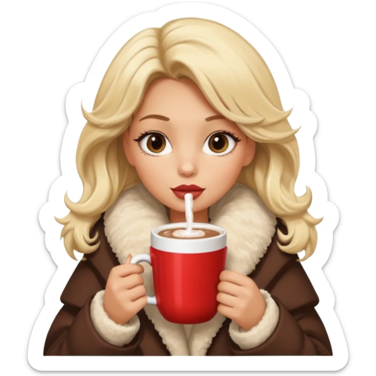 Tanned Girl with lashes , blonde hair, in an extremely big fluffy oversized coat and hold hot chocolate drink and vertically short eyes , big lip sticker