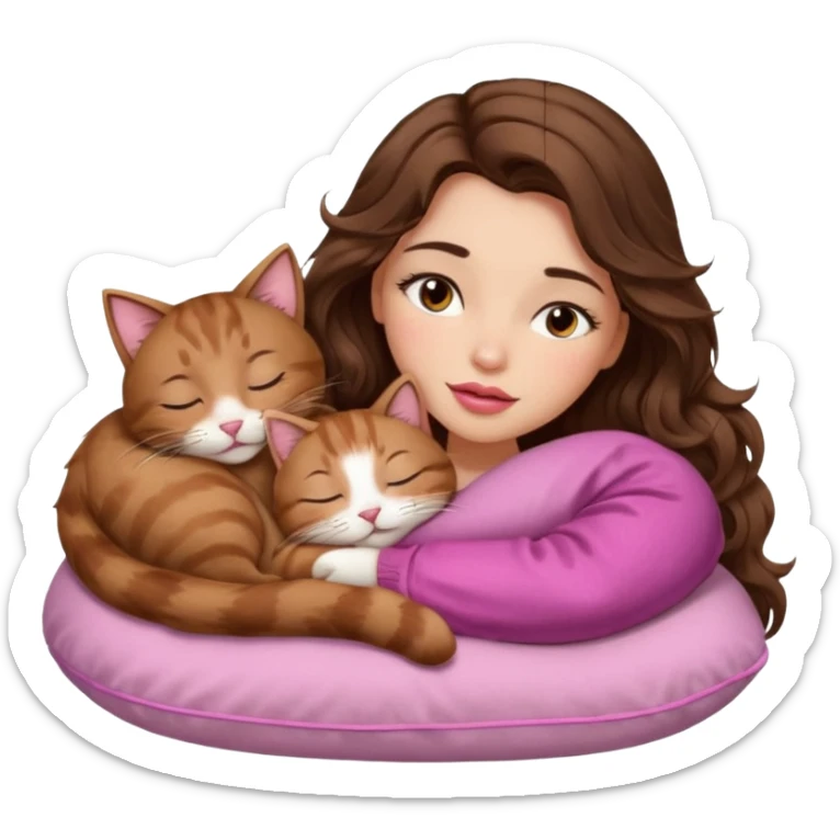 girl with long wavy brown hair, brown eyes, long lashes makeup, sexy pink lips, light to medium complexion,  sleeping on a cozy pillow, with 6 cats, sleeping sticker