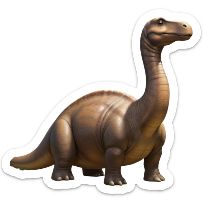 Beautiful and Majestic Brontosaurus Portrait Emoji, Head and body rendered in serene repose with a gentle, confident smile, showcasing its enormous, graceful neck and a massive, textured form with eyes softly closed in tranquil repose, Simplified yet exquisitely endearing features, highly detailed, glowing with a soft, drowsy ancient light, high shine, relaxed and utterly majestic, stylized with an air of timeless prehistoric splendor, soft glowing outline, capturing the essence of a beautiful and majestic Brontosaurus that embodies the serene power of the ancient world! sticker
