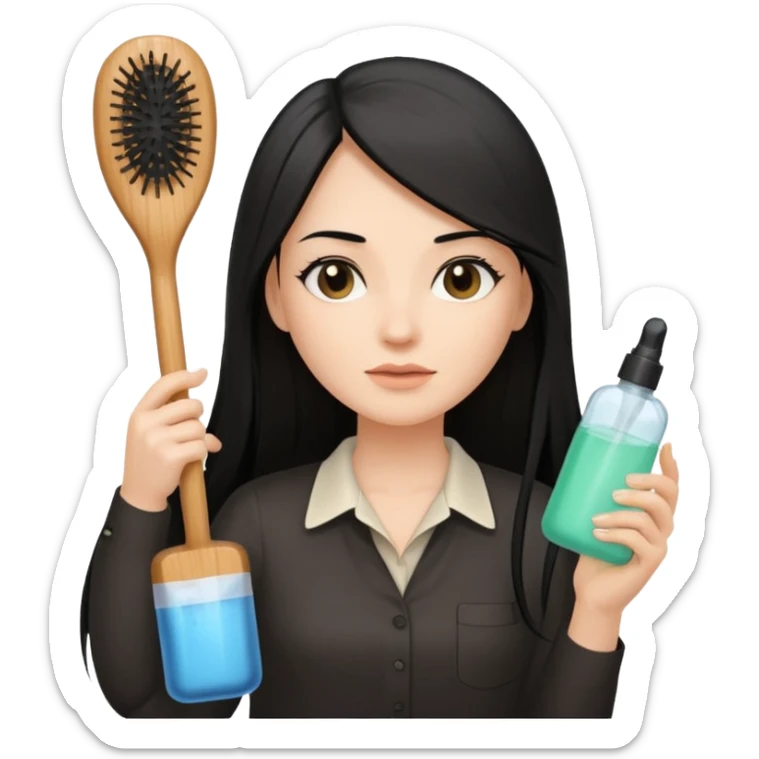 A white woman with long, straight black hair, wearing an ivory-colored shirt, holding a small square wooden paddle hairbrush in her left hand and spraying a hair mist bottle with her right hand toward her hair. sticker