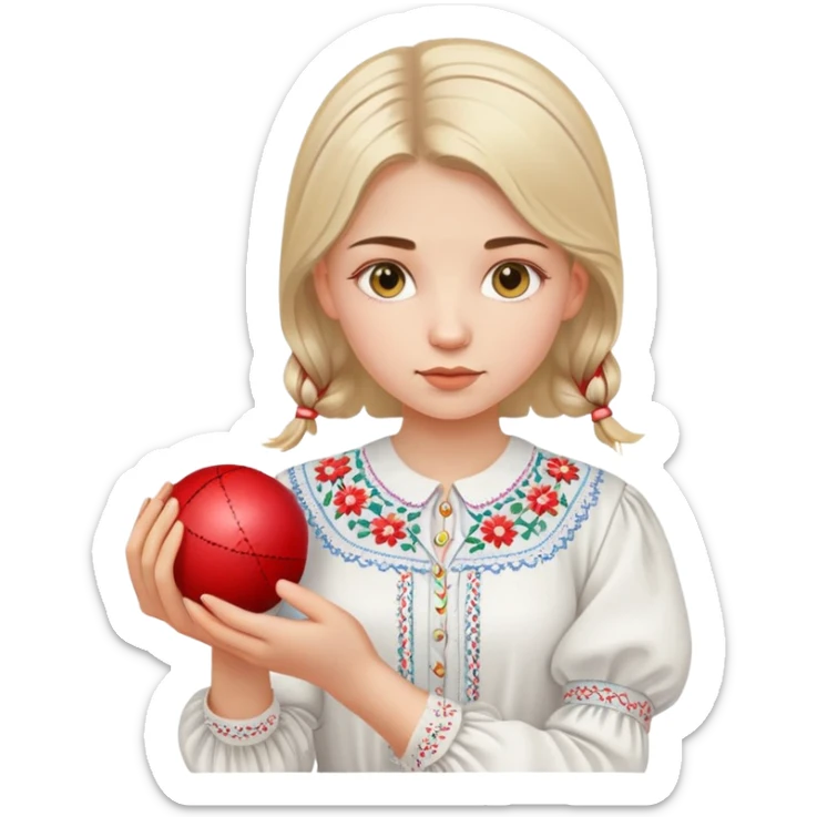 A young Ukrainian girl in a white embroidered shirt holds a ball of thread in her hand sticker