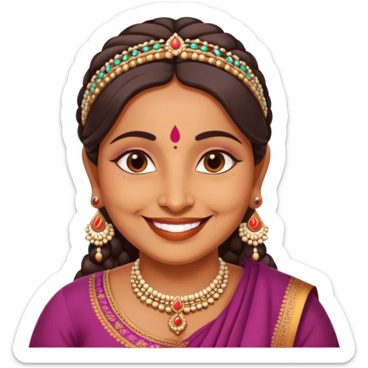 A cheerful Indian aunt (mausi) character with a plump face, smiling, wearing traditional Indian clothing and a bindi sticker