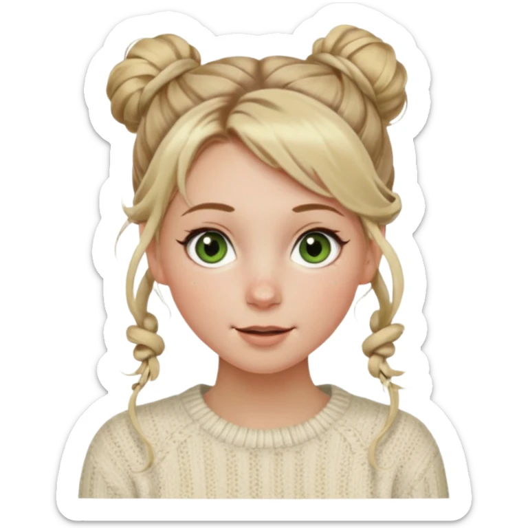 dirty blonde hazel  green eyes woman with a white cable knit sweater and one messy bun with tendrils of hair flowing down her face and she is happy pale, some freckles, blush. she has a cateye wing and long lashes sticker