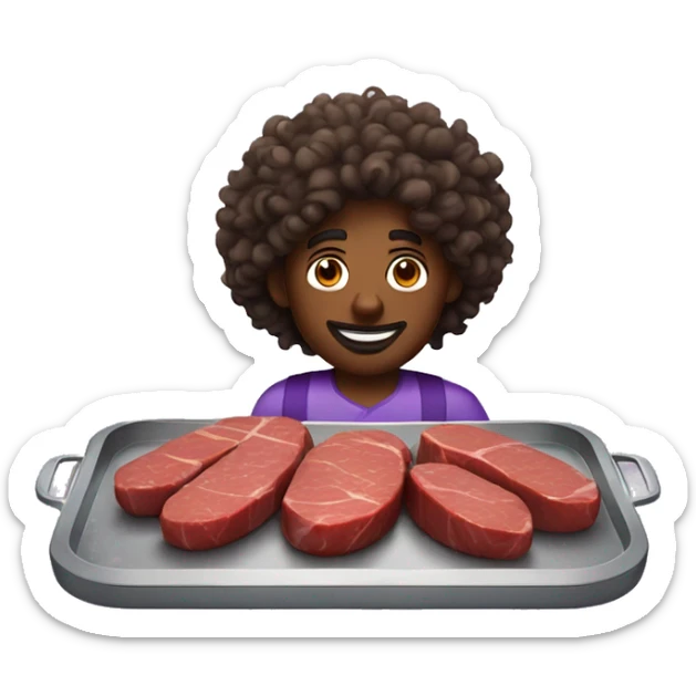 Curly hair brown skin man with meat and eggplant on a tray sticker