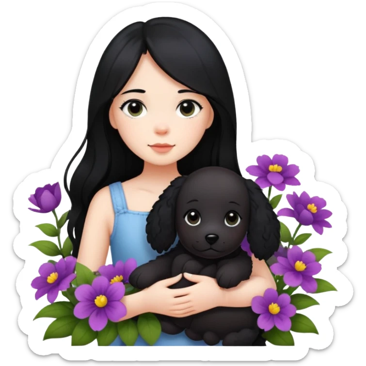 A girl with long black hair is holding a black teddy dog ​​in the flowers sticker