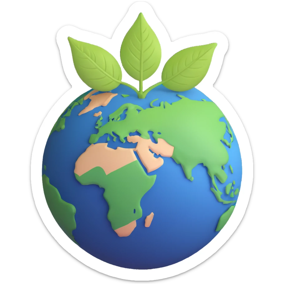 A single green leaf resting gently on top of a vibrant, round Earth globe. The focus is on the leaf and the globe with a simple background and soft natural lighting sticker