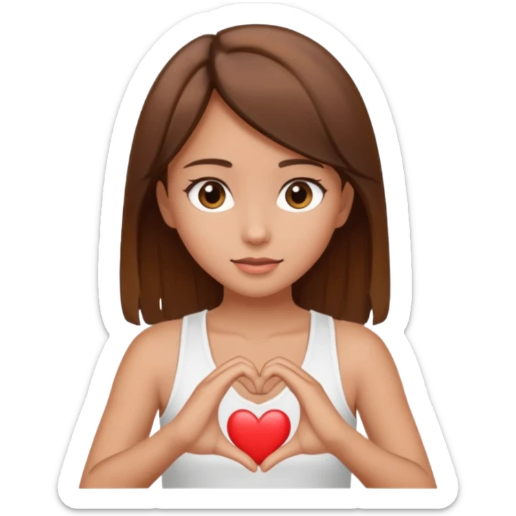 tan brown haired brown eyed girl making a heart with her hands wearing a white tank top sticker