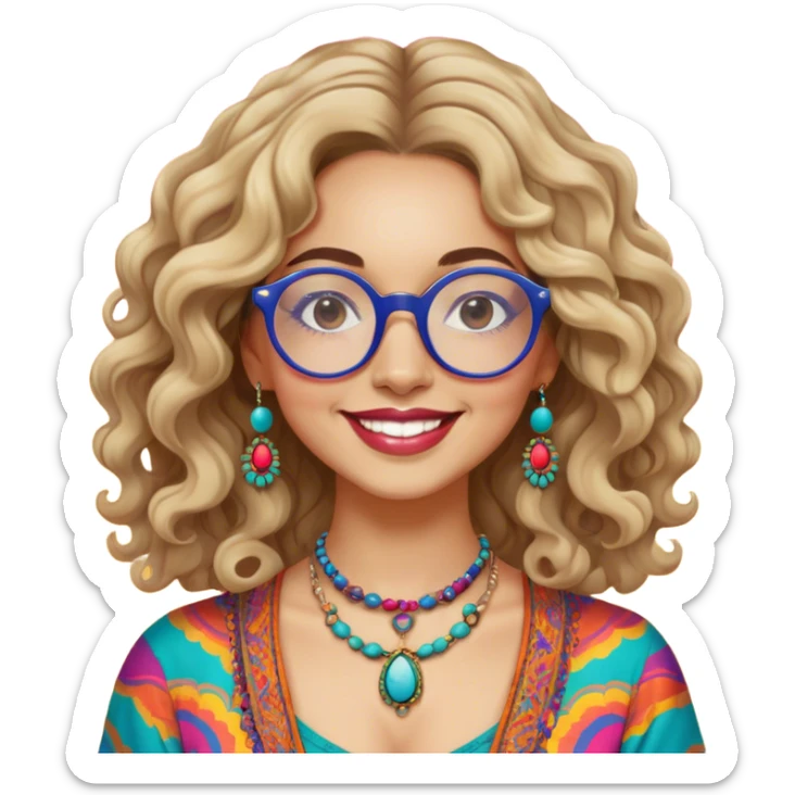 a portrait of janis joplin, with wavy hair, round glasses, and a warm smile. she wears bohemian jewelry and colorful clothing, capturing her iconic 60s vibe against a vibrant background. sticker