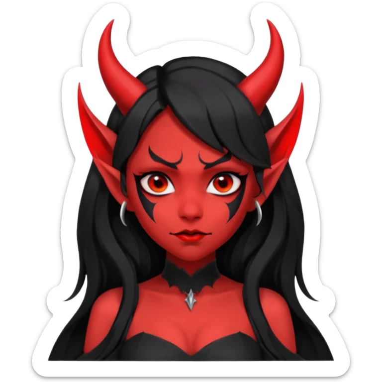 demon girl, skin red , black long hair, small horns, pointed ears, bat wing, black open-back dress, bold black outlines, red+black palette sticker