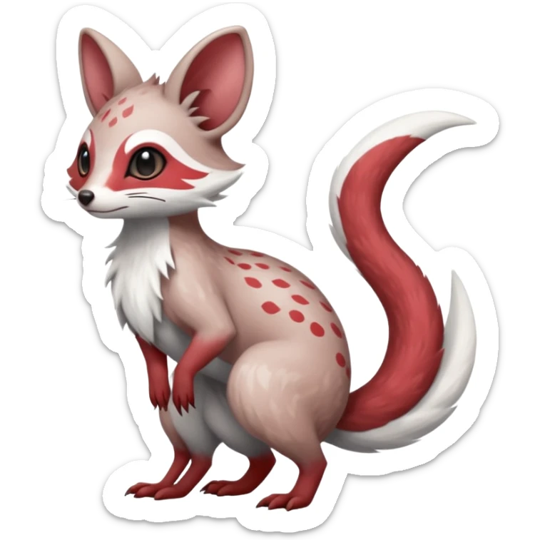 Minccino-Mongoose-Lykoi-Emolga-Pachirisu-Zangoose-fusion-hybrid-animal-Fakémon-creature, full body, thin long sleek scaly tail, intricate markings sticker