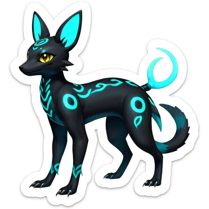 Rare realistic dark-neon glowing bioluminescent edgy badass epic pretty beautiful handsome gorgeous aesthetic colorful vibrant Vernid-Trico-Umbreon-Salandit-hybrid-species-Fakemon-creature by LiLaiRa, 4 legs, 1 tail, random markings, (full body) sticker