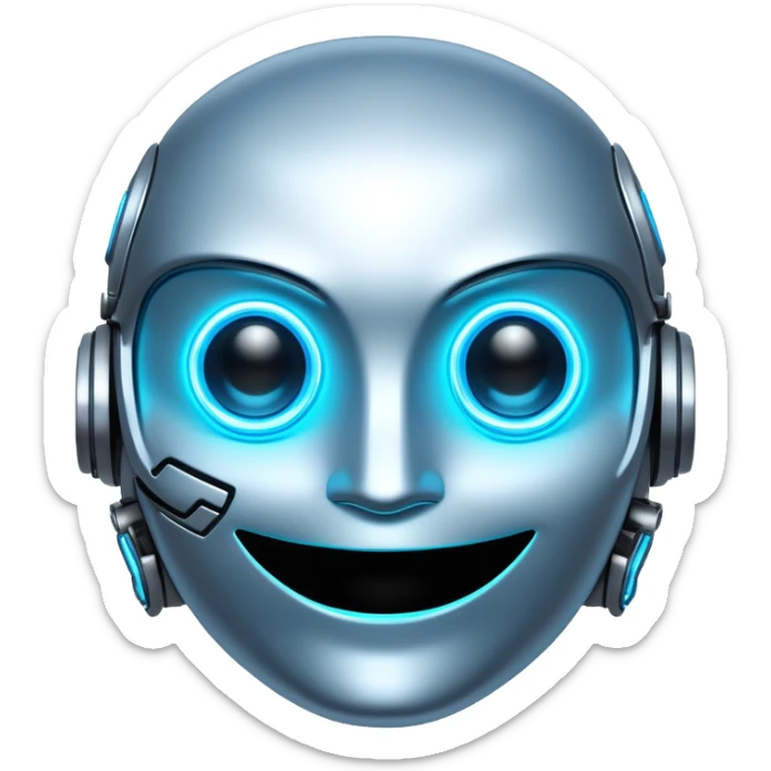 A cyberpunk emoji with a glowing neon blue smile, pixelated cybernetic eyes, and a sleek metallic surface, futuristic and high-tech style. sticker