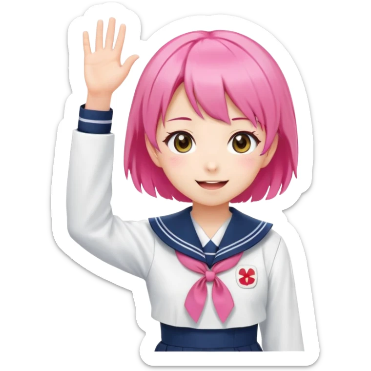 Anime girl with short bright pink hair wearing Japanese sailor style school uniform, composed posture with hand on hip but energetically waving with other hand, excited smile and happy eyes sticker