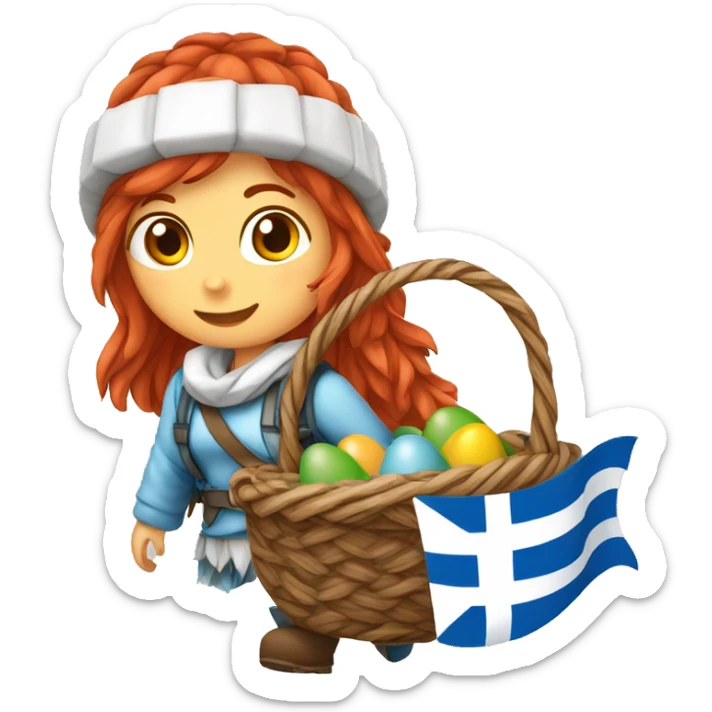 Greek red hair female winter mountaineer climbing with Easter eggsbasket and Greek flag sticker