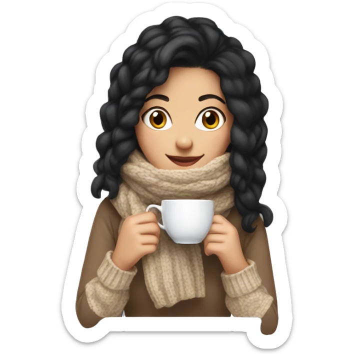 White girl black hair in a sweater and scarf sipping tea  sticker