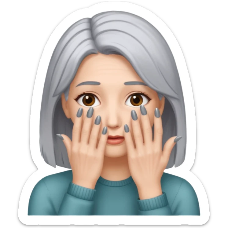 woman with gray hair and hand covering face sticker