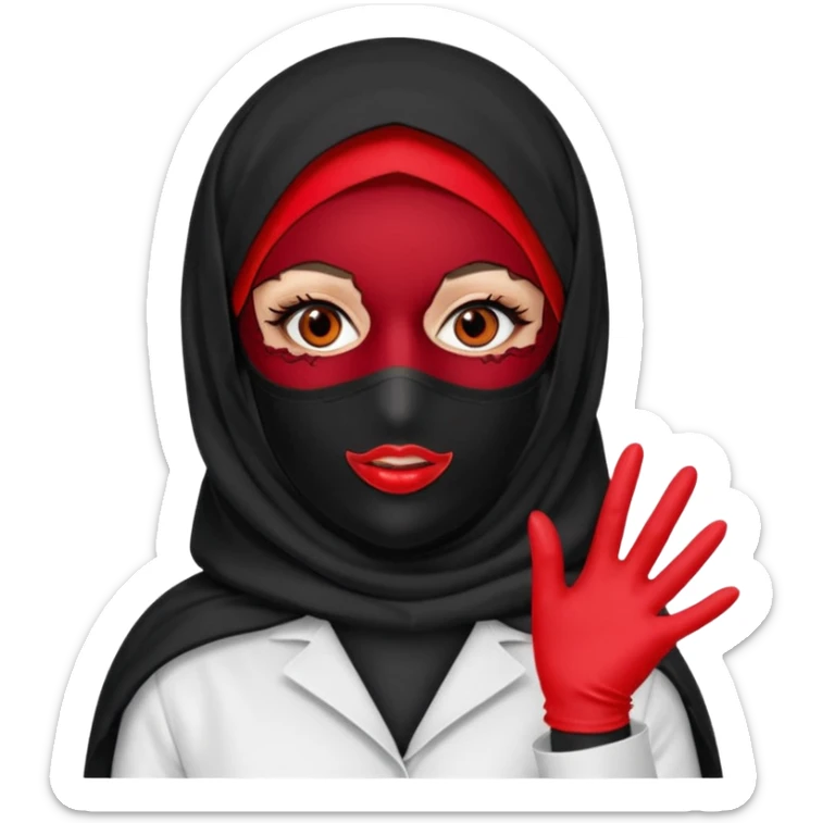 


Scary woman scalpel in hand, evil surgeon sexy surgeon clothes.  She has redcolored  eyes. Her  hair only is free ne brown long curly hair. Wears sexy doctor outfit with red gloves. make her wear full Muslim burka to mask and nose mouth mask  to hide. Wears white surgeon coat, wears  stilettos sticker