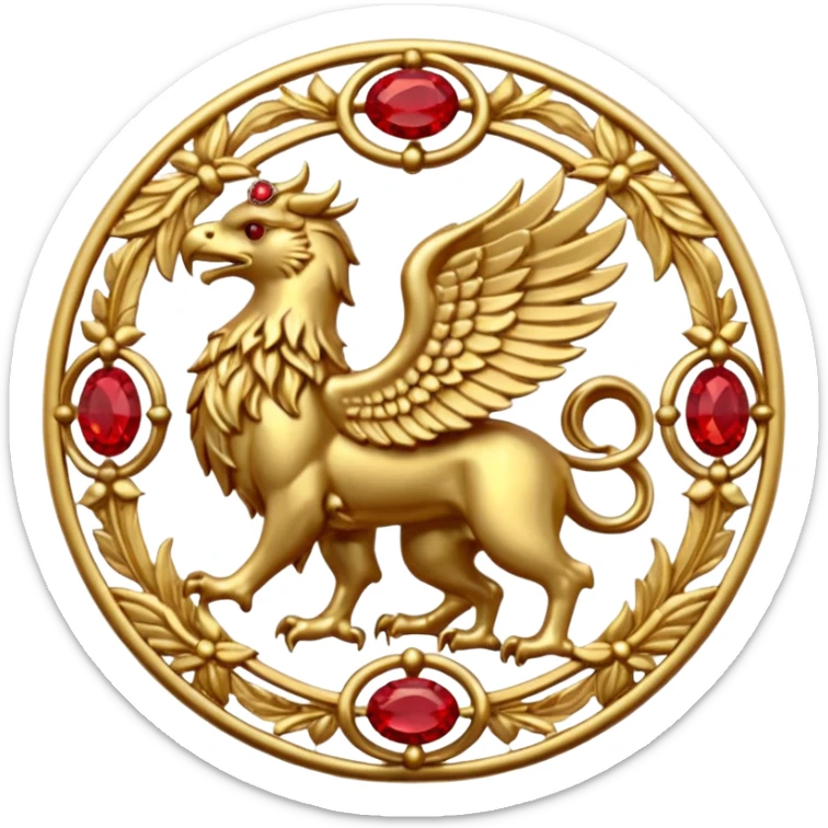 Golden griffin crest / brosch in a circle with red gems and no background sticker