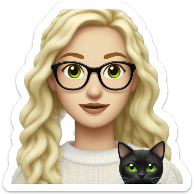 woman with green eyes and glasses with long wavy blonde hair in a white cable knit sweater holding a black cat with green eyes  sticker