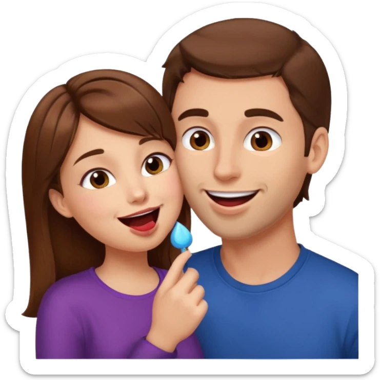 There is a girl with brown hair standing next to her, a tall man with brown hair, and the girl passionately licks his cheek sticker