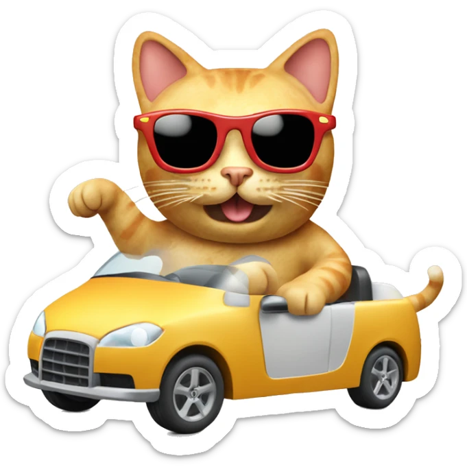 cat wearing sunglasses driving a car made completely out of a swiss cheese block and sausage wheels sticker