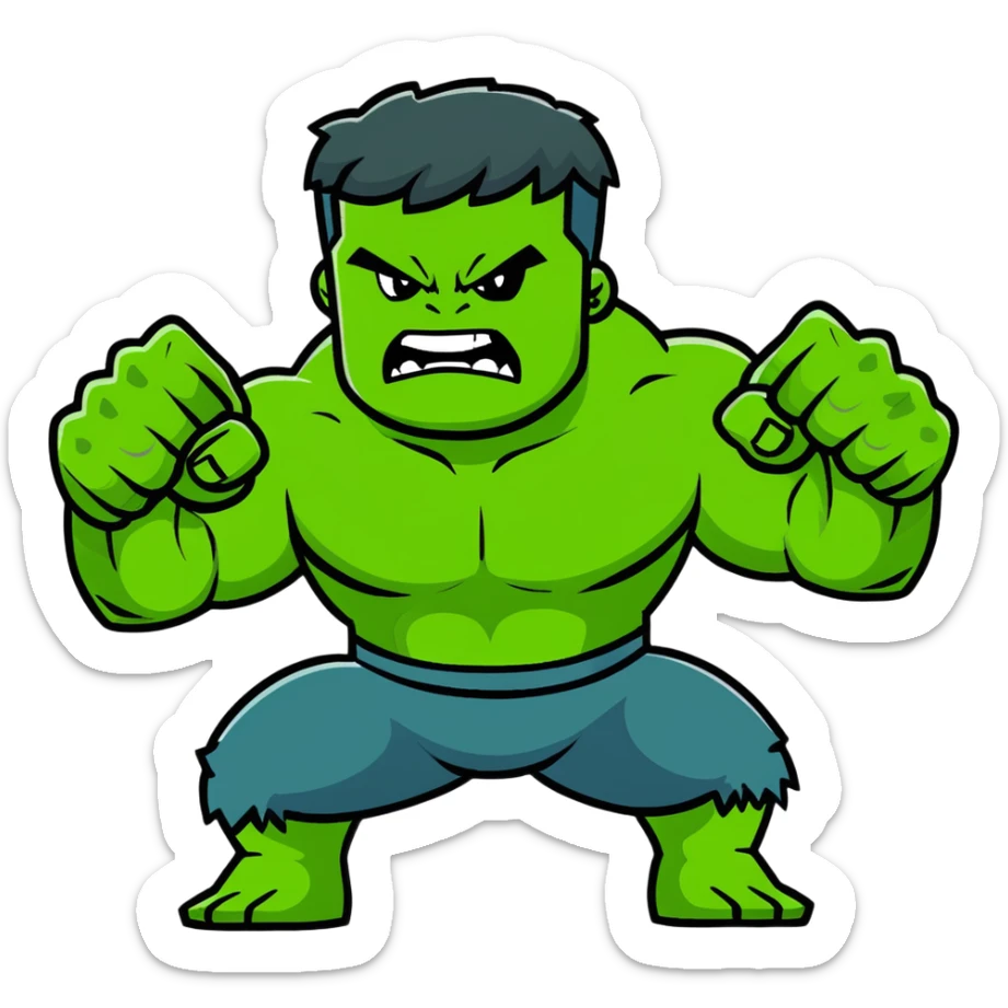 Hulk smashing with fists raised, green muscular superhero breaking ground, action pose, dynamic movement, angry expression sticker